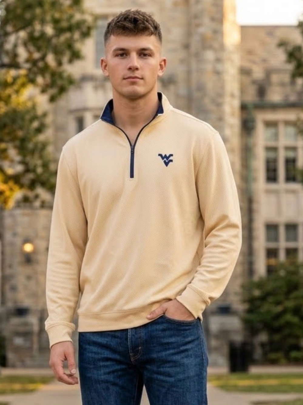 Horn Legend West Virginia University WVU Quarter Zip Pullover Gold Mens 2XL